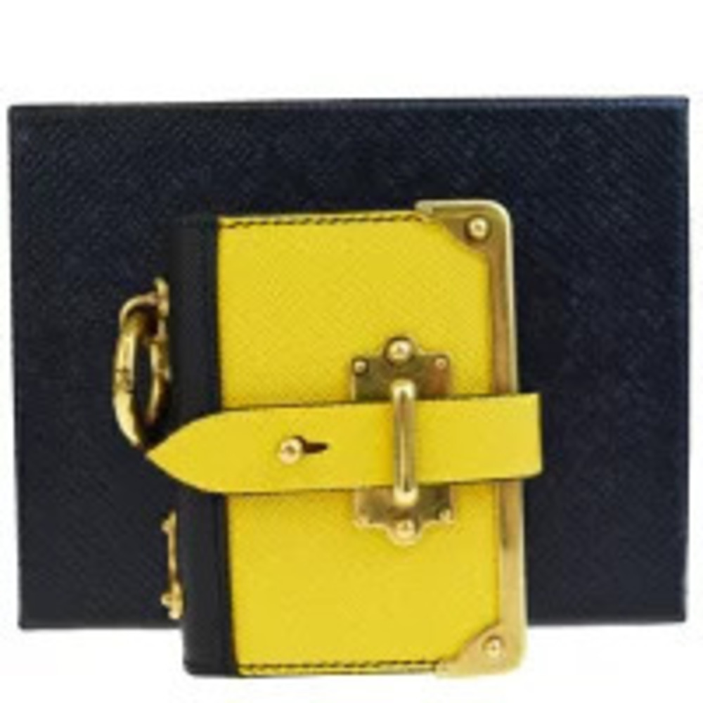 Prada Bag Charm Key chain Notebook Saffiano Yellow Black Leather